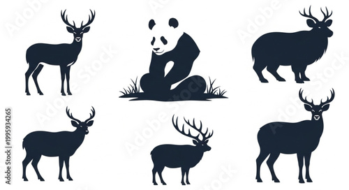 Collection of Animal Silhouettes Deer and Panda.