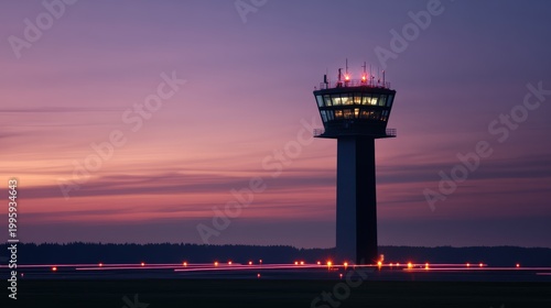 Air traffic control tower at dusk busy airport photography urban environment captured from ground level night lights and activity