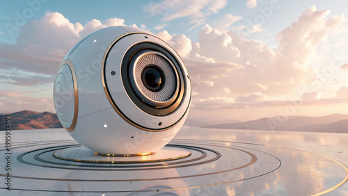 Futuristic surveillance camera lens with glowing reflection on wet rooftop at sunset