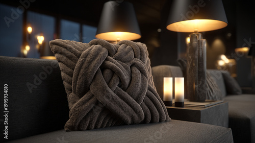 Cozy living room scene with knitted cushion and warm lamps table lamp interior decoration