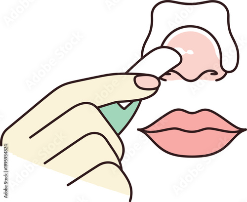 This simple flat vector illustration depicts a person applying an adhesive cleansing pore strip to their nose for acne removal and deep cleaning treatment, perfect for professional skincare, beauty, m