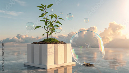 3D plant in glass bubbles on reflective surface at sunrise with mountains