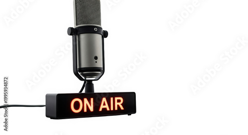 Professional microphone with on air sign on stand isolated on transparent background