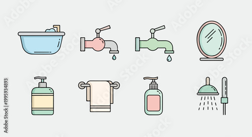 Set of 8 Bathroom and Hygiene Outline Vector Icons