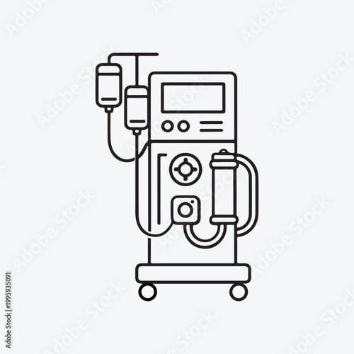 Line art illustration of a medical infusion pump with iv bag and tubing