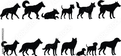 Dog silhouettes set with different breeds and poses standing running sitting and playing domestic animal collection vector illustration isolated background