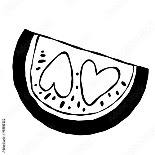 High contrast minimalist icon of a watermelon wedge with white heart shapes and seeds.