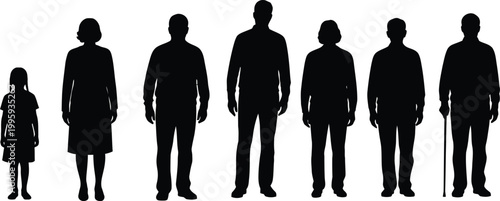 Human silhouettes varying heights and forms in black