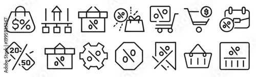 Discount icon set in line style. Sale, coupon, shop, offer, promotion, price tag, deal, cashback and more outline symbol. Set of 24 shopping related icons. Editable stroke. Vector illustration.