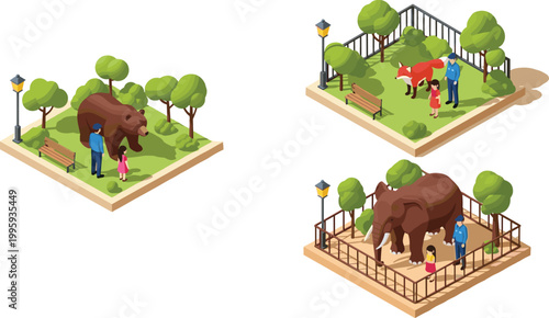Isometric Zoo Scenes Set with Visitors, Animal Enclosures, and Park Elements for Vector Illustration.