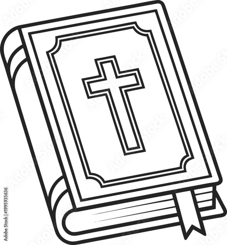 A religious holy Bible book with a cross emblem on its cover and a bookmark