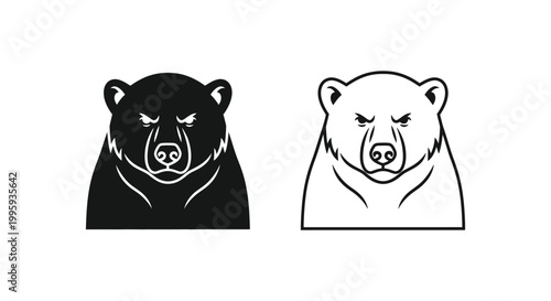 Grizzly bear head mascot vector, aggressive black bear silhouette and line art icons, powerful predator animal face for sports team branding