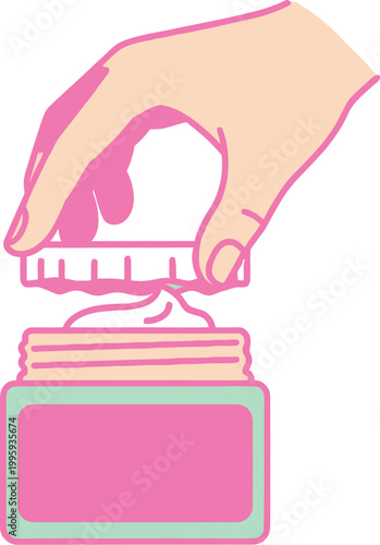 A flat vector graphic illustration depicting a human hand opening a small jar of cosmetic cream or moisturizer for daily facial skincare routine and beauty treatment applications, perfect for health, 