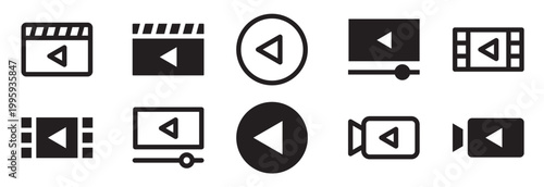 Video Player and Media Play Icon Set with Film Camera Screen and Streaming Symbols in Line and Solid Style. Media Player Icon Set style for Video Playback, vector illustration.