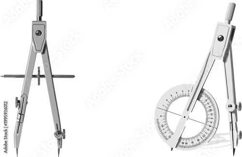 Drawing compass tool set with protractor precision geometry instrument for technical drafting engineering vector illustration isolated on light background