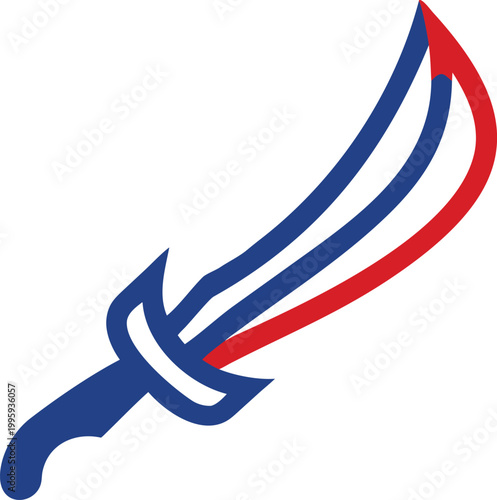 Bold red and blue outlined pirate cutlass icon perfect for conveying adventure, historical themes, or national pride