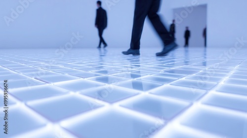 Interactive LED floor installation, glowing squares create dynamic patterns with movement, minimal abstract design, engaging tech art experience, immersive exhibition concept
