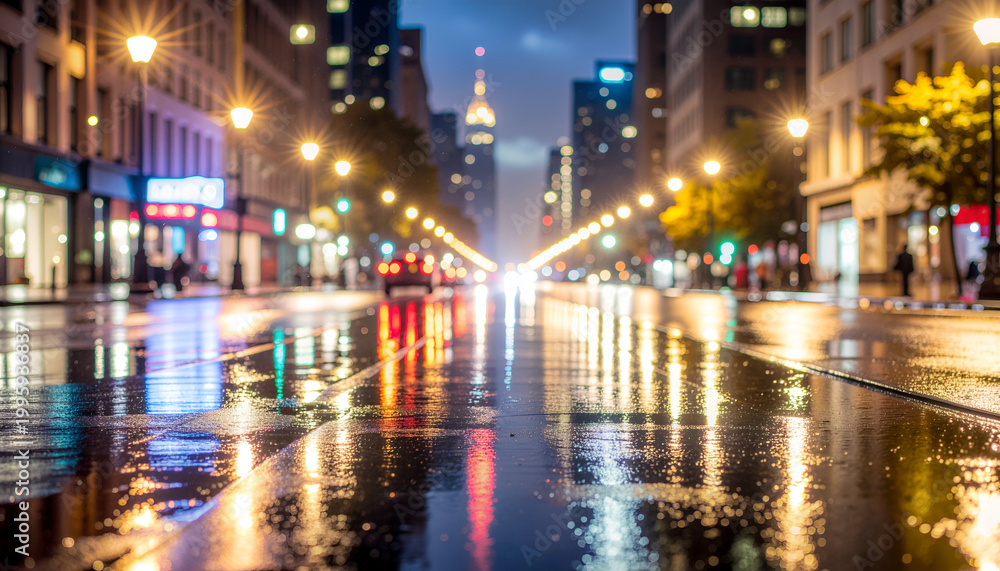 Fototapeta premium Rainy night city avenue with glowing reflections.