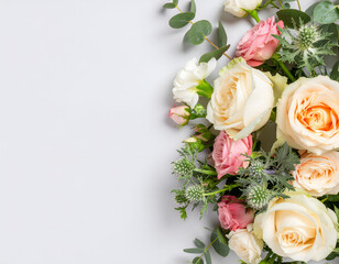 Elegant pastel roses and eucalyptus bouquet border on light background.