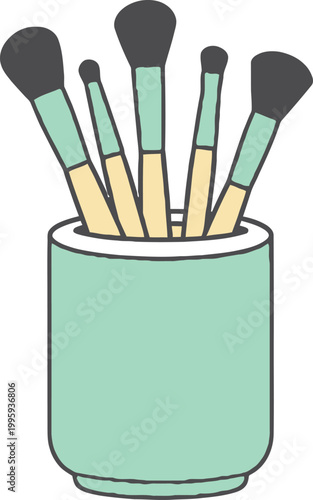 This professional vector illustration showcases a set of makeup brushes stored inside a mint colored container. Perfect for beauty websites, cosmetic brand marketing, fashion blogs, or salon promotion