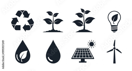 Set of environmental icons representing sustainability and renewable energy.