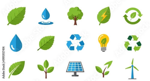 Collection of eco friendly icons representing nature and sustainability.