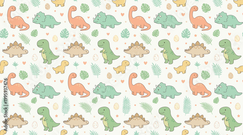 Cute Dino and Tropical Foliage Pattern Background for Children