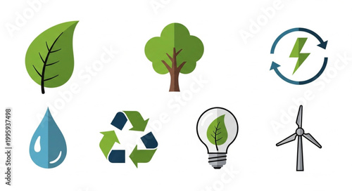 Set of eco friendly icons representing nature and sustainability.