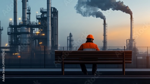 Industrial worker reflecting on pollution challenges urban factory district photography cityscape dusk environmental awareness