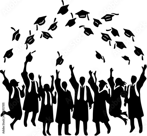 happy graduate students throwing caps silhouette vector isolated