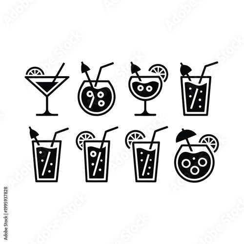 Cocktail icons featuring various drinks with straws and umbrellas on a plain background