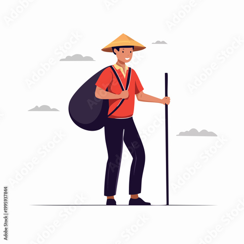 Man with conical hat carrying a bag and a stick