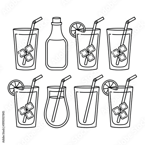 Colorful cocktails with straws and ice cubes on a white background