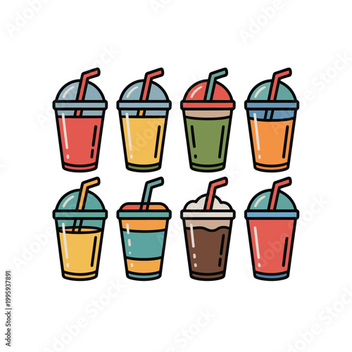 Colorful cartoon illustration of various drinks in cups with straws and lids