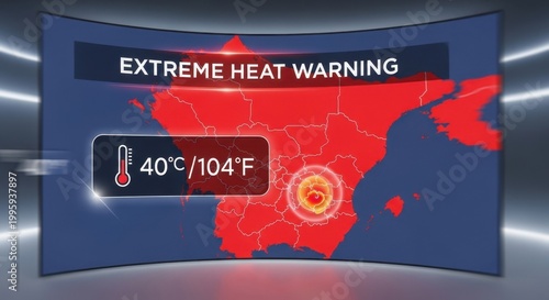 Extreme Heat Warning Displaying 40 Degrees Celsius and 104 Degrees Fahrenheit on a Map of the United States.