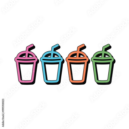Colorful drink cups with straws on a plain background for a fun and refreshing theme