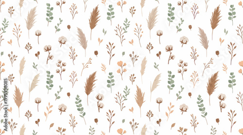Aesthetic Boho Floral Seamless Pattern Featuring Pampas And Cotton Stems
