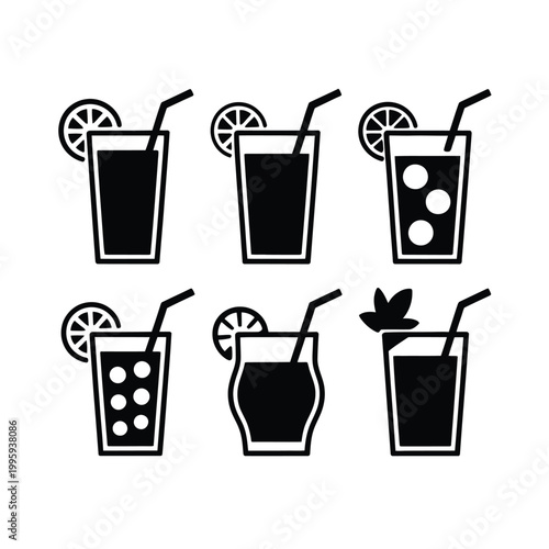 Refreshing drinks icons with straws and garnishes on a clean background