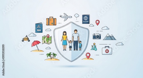 Family Travel Insurance Shield with Vacation Icons.