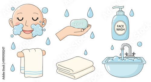 Set of 6 Skincare and Washing Routine Vector Illustrations