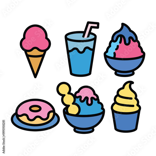 Colorful cartoon desserts and drinks on a white background