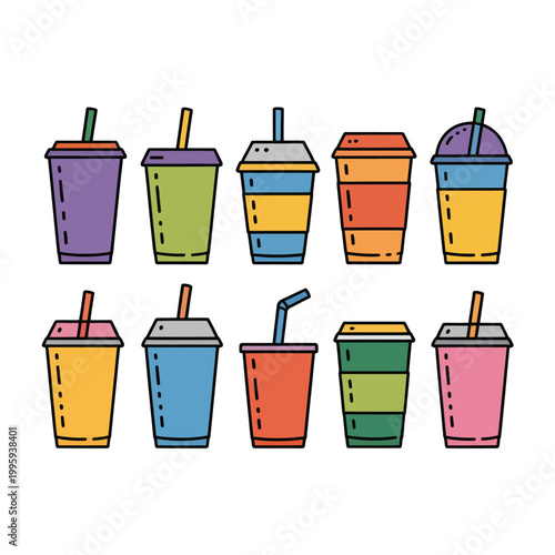 Colorful disposable cups with straws on a plain background for beverage packaging design