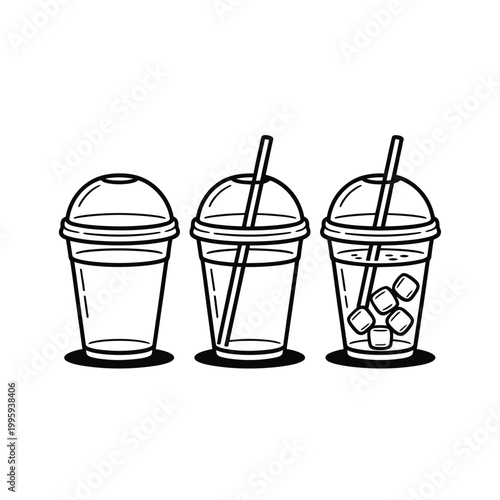 Disposable cups with lids and straws for cold drinks on a plain background