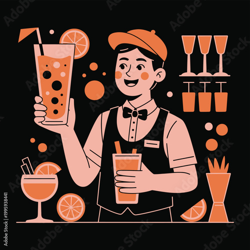 Bartender serving orange cocktails with straws and slices in a modern bar setting