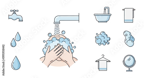 Set of 10 Bathroom Hygiene and Water Icons Vector