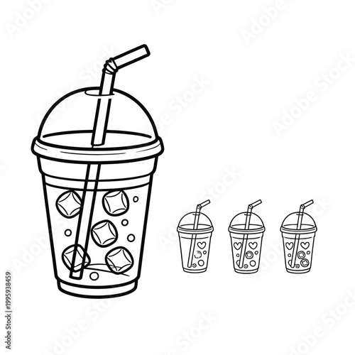 Colorful illustration of a cold drink with ice and straw surrounded by various designs