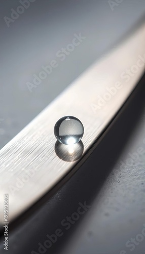 Delicate dewdrop rests on brushed silverware, silver sheen catching ambient light, hinting at morning's hush,  luxury,  shine