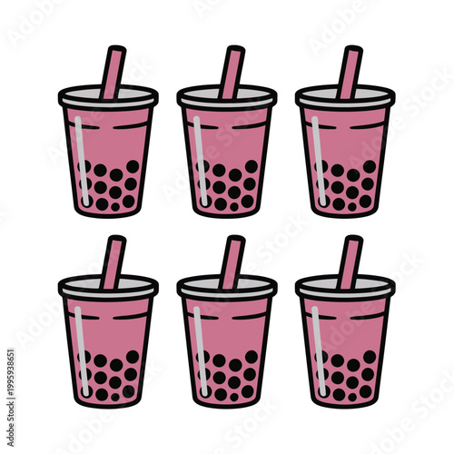 Colorful boba tea drinks with straws in clear plastic cups on a beige background