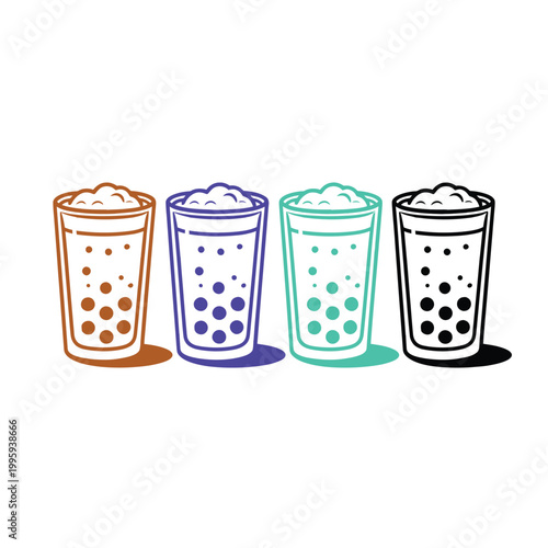 Boba tea drinks with tapioca pearls in clear glasses on a beige background