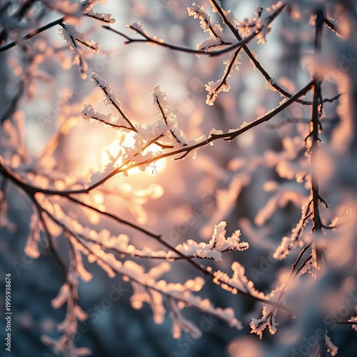 Ethereal glow washes over frosted branches, creating a hushed, magical scene ,  delicate,  low angle
